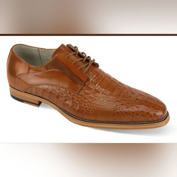 GIOVANNI MEN'S TAN MASON LEATHER LACE UP DRESS SHOE ALLIGATOR STYLE. - Picture 1 of 1